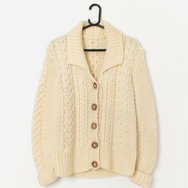 Vintage handknitted chunky cream cable knit cardigan with real wood buttons - Small 