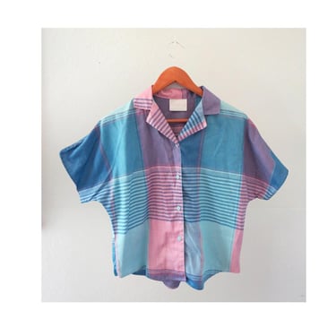 Vintage Women's Plaid Blouse - Pastel Button Up Short Sleeve Top - 1980s 80s Oversized Dolman - Size Small 