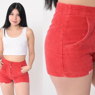 Red Corduroy Shorts 80s Retro Surf Shorts Patch Pockets High Waisted Retro 1980s Vintage Athletic Summer Shorts Extra Small xs 