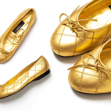 Vintage 1980s Shoes | 80s DEADSTOCK NWT Metallic Gold Quilted Leather Bow Rounded Toe Slip On Ballet Flats (size 6) 