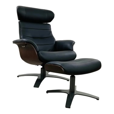 Mid-Century Modern Eames Inspired Italian Black Leather Lounge Chair and Ottoman