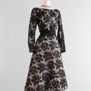 Elegant 1950's Couture Evening Dress Black Lace On Ivory / Small