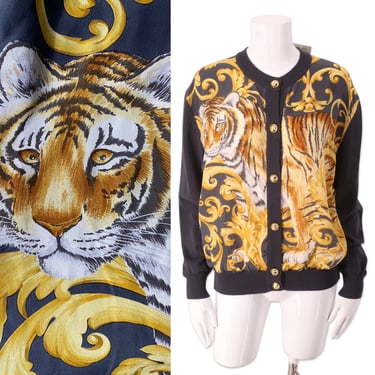 80s FERRAGAMO silk scarf sweater M, 1980s vintage tiger print designer cardigan, Salvatore Ferragamo gray sweater 