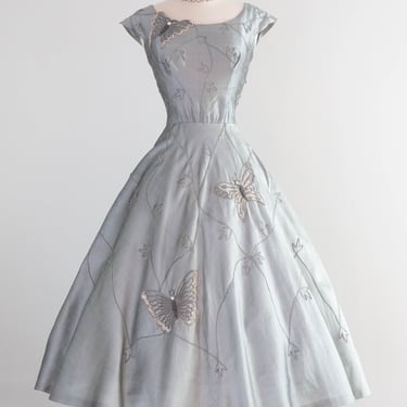 Stunning 1950's Mirror Blue Embroidered Silk Evening Dress With Beaded Butterflies / Small