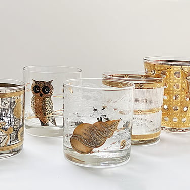 Mid Century vintage glassware, 6 Mismatched gold lowball cocktail glasses by Culver, Briard, Couroc, & Cera, Whiskey glasses MCM barware 