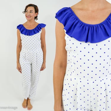 1980s Blue White Polka Dot Jumpsuit | 80s Polka Dot Jumpsuit | Small 