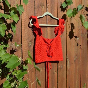crochet cherry red 70s lace up crop top with ruffle sleeves 