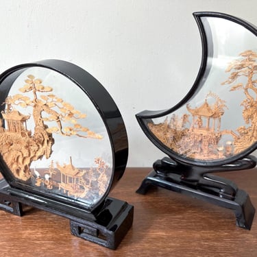 Vintage Chinese Fuzhou Cork Art Miniature Bonsai Pine Crane Pavilion Landscape Diorama | Crescent & Full Moon Shaped Wood Lacquer Case Frame 