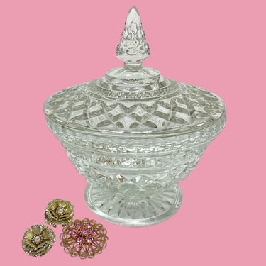 Vintage Candy Dish Retro 1960s Mid Century Modern + Anchor Hocking + Wexford Pattern + Clear Glass + Round + With Lid + MCM Kitchen Storage 