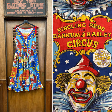 Vintage 1960’s Dated 1969 Ringling Brothers Barnum & Bailey Circus Clown Pop Art Mod Cartoon Dress, Clown, Vintage 1960s Dress, Pop Art, Mod 