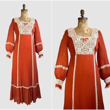 PRAIRIE TALE Lorrie Deb Vintage 70s Dress | 1970s Cotton Gauze & Lace Maxi w/ Bishop Sleeves | Boho Hippie Bohemian, Cottagecore | Medium 