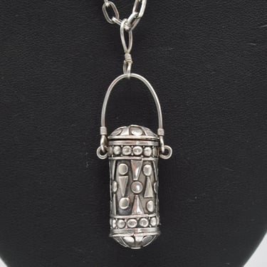 70's 925 silver secret compartment cylinder pendant, oxidized sterling paper clip chain geometric necklace 