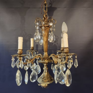 Vintage Brass 4 Arm Chandelier with Giant Crystals 20 x 32