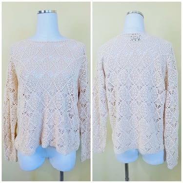 1990s Vintage Forenza Cotton Cream Crochet Shirt / 90s / Nineties Sheer Open Knit Sweater / Size Large - XL 