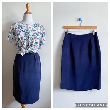 Vintage 90s Navy Blue Silk High Waisted Pencil Skirt Size 6 