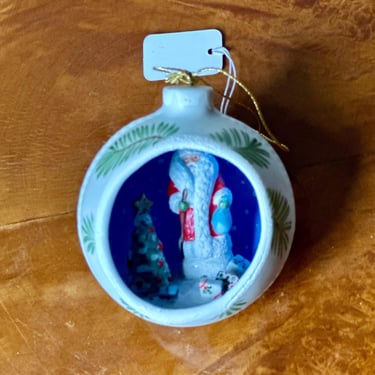 Handmade Porcelain Ornament w/ Double-sided Mini Diorama of Santa and Gifts 