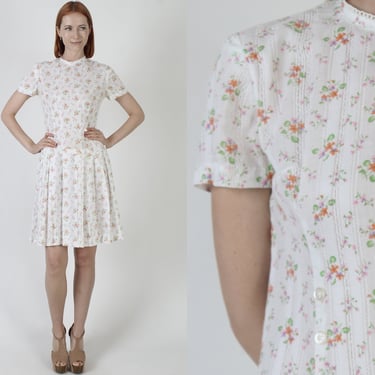 Classic 60s Floral Print Drop Waist Kick Pleat Mod Mini Dress 