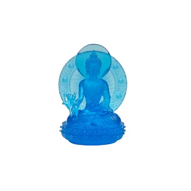 Teal Blue Crystal Glass Lotus Cross Leg Sitting Amitabha Shakyamuni Buddha ws3662E 