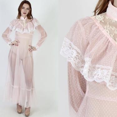 Vintage Pink Swiss Dot Dress / 1970s Bridal Polka Dot Prom Gown / Fairytale Princess White Lace Maxi 