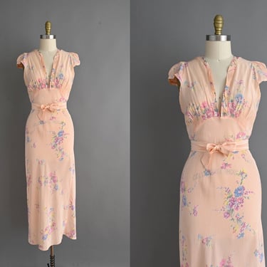 Vintage 1940s Lingerie Slip Dress | Romantic Peach Pink Rayon Floral Print Dress | Medium 