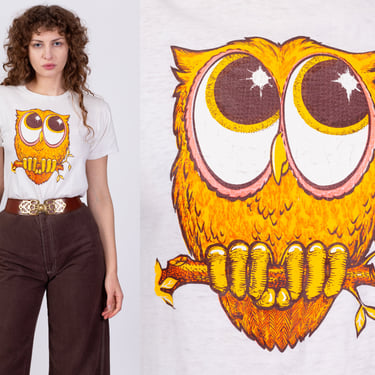 70s Owl Graphic T Shirt - Medium | Vintage Cute Cartoon Animal Tee 