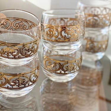 Set of 4 Vintage Roly Poly Rocks Glasses - Georges Briard Embossed Spanish Gold Scroll Mid-Century Whiskey Cocktail Glasses - Glam Barware 