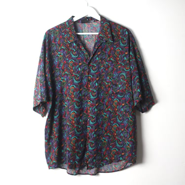 vintage 1980s/90s colorful BLACK and pastel dark slouchy boxy men's SWIRL pattern button down summer shirt -- size medium 