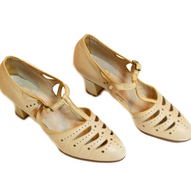 1920s High Heels ~ Cream T Strap Leather Shoes with Decorative Cut Outs 