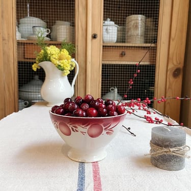 Beautiful vintage French petite cafe au lait bowl with lovely cherries in raspberry red 
