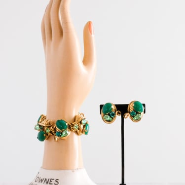 Stunning 1950's Emerald &amp; Gold Multi-stone Bracelet Earring Set