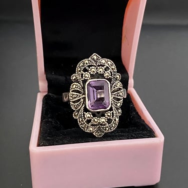 Art Deco Vintage  Amethyst & Marcasite Cocktail  Hallmarked 925 silver ring size Q by BakeliteBa