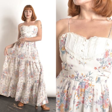 Vintage 1970s Dress / 70s Candi Jones Floral Print Prairie Maxi Dress / White ( small S ) 