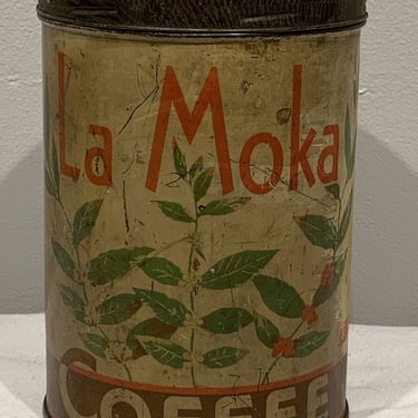 La Moka Coffee Tin Litho Label Market Basket Corp. Geneva, New York, Vintage collectible tins, coffee can, vintage kitchen decor 
