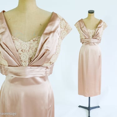 1950s Beige Satin Cocktail Dress | 50s Taupe Duchess Satin Evening Dress | Medium 