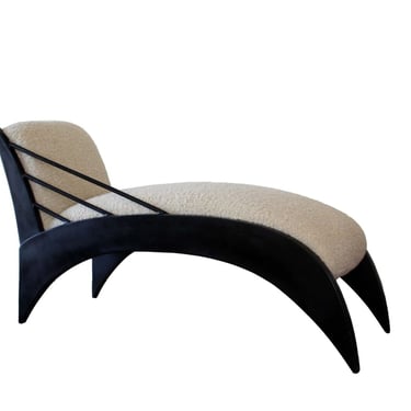 Art Deco Style Sculptural Wood Chaise Lounge in Cream Boucle Modern 