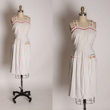 1940s White, Red, Green and Yellow Striped Sleeveless Wide Strap Pocketed Dress -M 