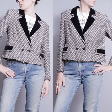 Vintage 1990's | LOUIS FERAUD | Black & White | Herringbone | Cropped | Blazer | Jacket | M 