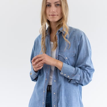 Vintage Worn in Sun Faded Chambray Long Sleeve Shirt | Unisex Western Snap Lightweight Cotton Blend Oxford Blouse Workwear | S | 