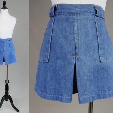 70s Denim Skort Shorts - 24 25 waist - High Rise - Light Blue Cotton Denim Split Skirt - Vintage 1970s - XS S 