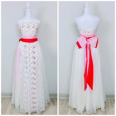 1950s Vintage Strapless Eyelet Embroidered Maxi Gown / 50s Floral Pink and Red Acetate Bow Prom Dress / Size XS - Small 