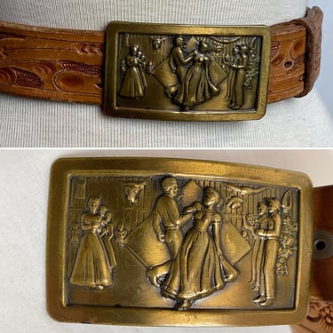 Vintage Western belt & buckle ~ tooled leather~ large brassy novelty buckle~ swing dancing square dancers /snaps on/off~ unisex size XL 