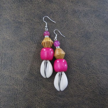 Cowrie shell and wooden earrings, hot pink earrings 