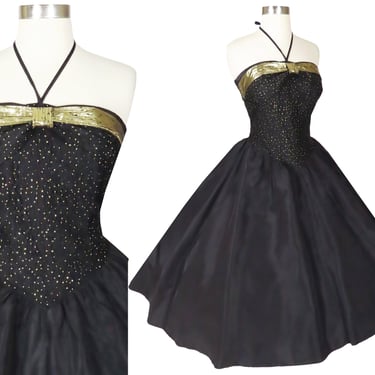 Vintage Black Taffeta Gold Metallic Halter Metallic 80s 50s Prom Party Dress XXS XS Extra Small Swing Dance Full Skirt Womens Tea Length 