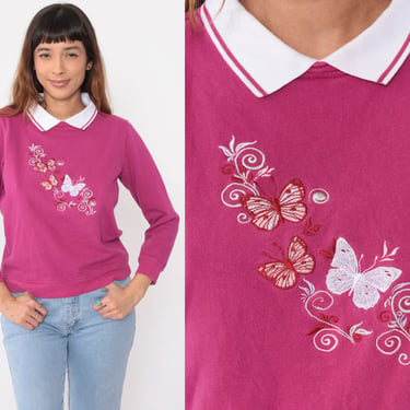 90s Butterfly Sweatshirt Embroidered Magenta Collared Graphic Sweatshirt 1990s Sweater Vintage Shirt Retro Slouchy Medium 
