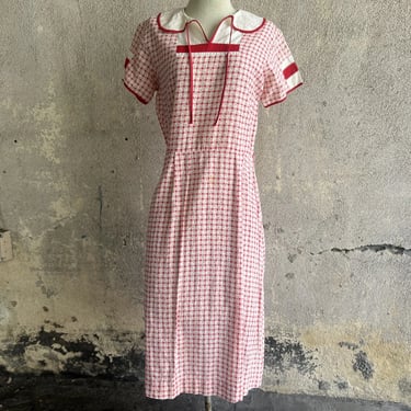 Vintage 1930s Pink & Red Checker & Floral Print Dress Midi Blue Tulips Striped
