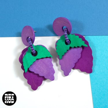 Super Fun Vintage 80s Purple Grape Fruit Wood Statement Earrings 