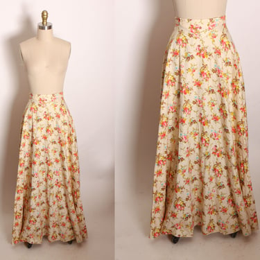 1970s Cream and Pink Floral Flower Rose Full Length Cottagecore Prairie Skirt -XS 
