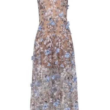 Dress the Population - Tan Sleeveless w/ 3D Flowers 'Sidney Gown' Maxi Dress Sz S