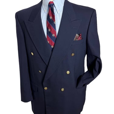 Vintage Wool Double-Breasted Navy Blazer ~ size 42 to 44 Long ~ jacket / sport coat ~ Gold Buttons ~ Botany 500 