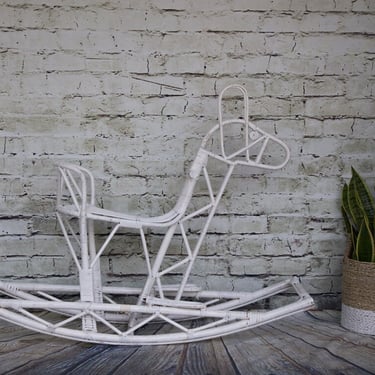 SHIPPING NOT FREE!!! Vintage Mid Century Wicker Horse, Rattan Rocking Horse, Rocking Horse For Child, Bamboo Rocking Animal 